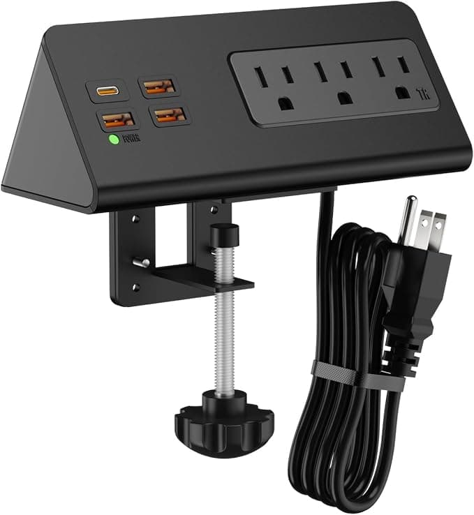 Desk Edge Clamp Mount Power Strips with 4 USB Ports(1xPD 20W USB-C Port)& 3 AC Outlets,1875 Joules Tabletop Surge Protector, Power Sockets for Office Table/Hotel Nightstands,ETL Listed